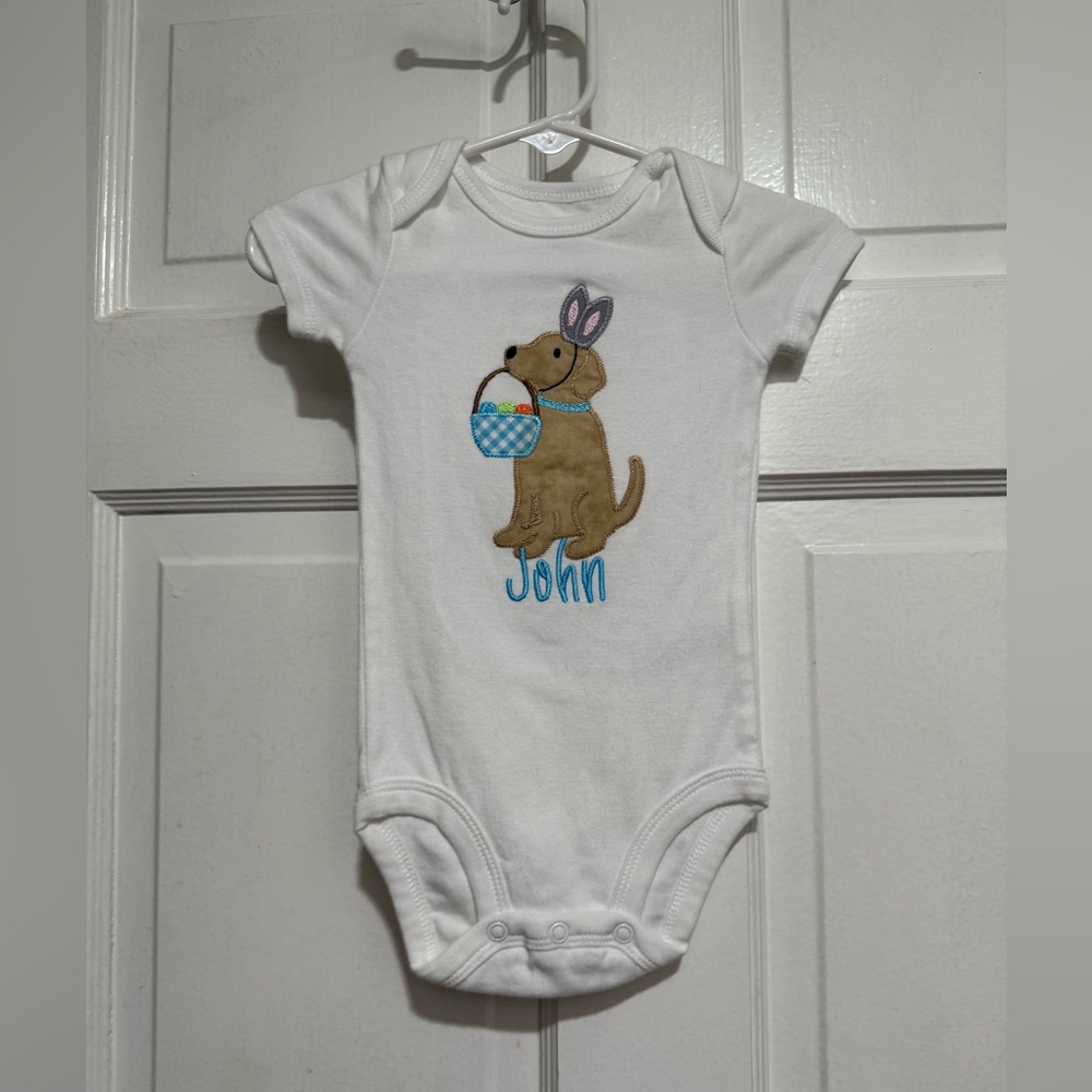 6 Month “John” Monogram Easter Dog One Piece Outfit Spring Appliqué